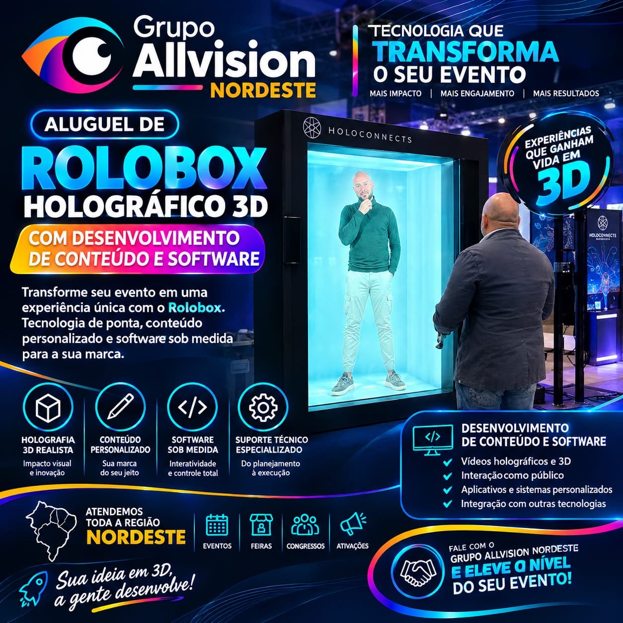Aluguel de HoloBox em Recife, João Pessoa, Campina Grande e Maceió para feiras, eventos, congressos, exposições, ativações de marcas e experiências tecnológicas.