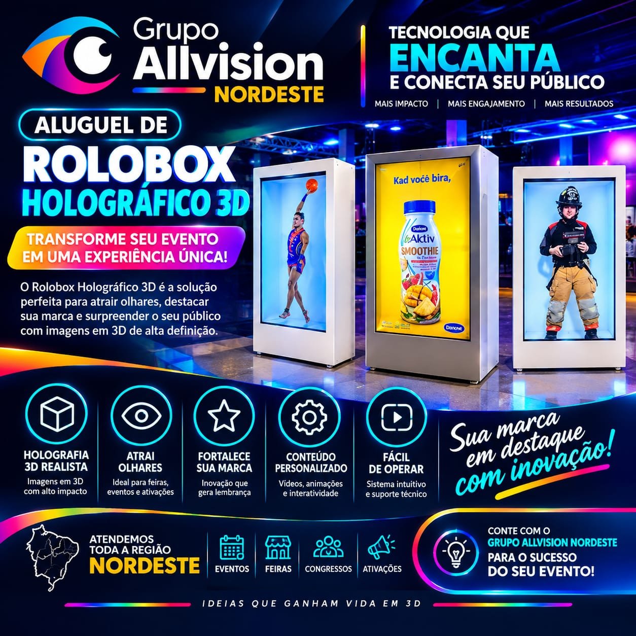 Aluguel de HoloBox em Recife, João Pessoa, Campina Grande e Maceió para feiras, eventos, congressos, exposições, ativações de marcas e experiências tecnológicas.