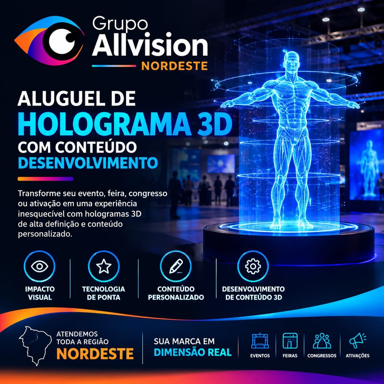 Aluguel de holograma 3D para feiras, eventos, congressos, exposições e ativações de marcas em Recife, Pernambuco, Maceió, Alagoas, João Pessoa e Campina Grande.